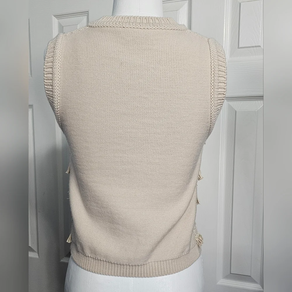 Tory Burch Women's Jacquard Cream Fringe Wool Preppy Clueless Sweater Vest Sz S